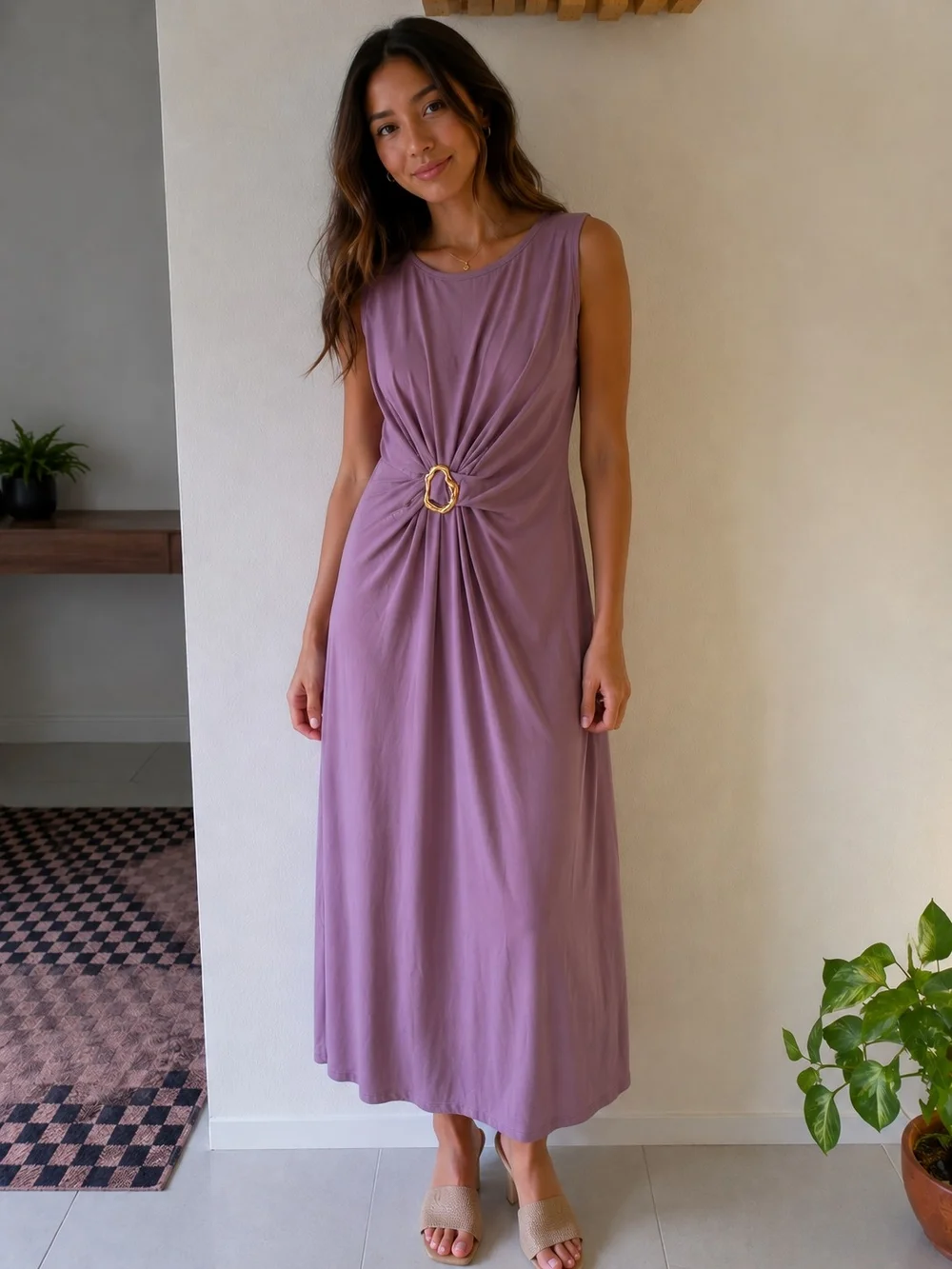 Sleeveless Mauve Maxi Dress with Gold Ring Detail - Picture 1 of 3